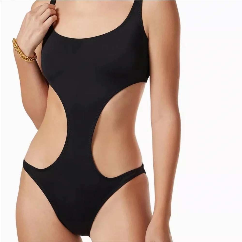 Norma Kamali Jorge Swimsuit Women Large Black Cutout Monokini One Piece NWT